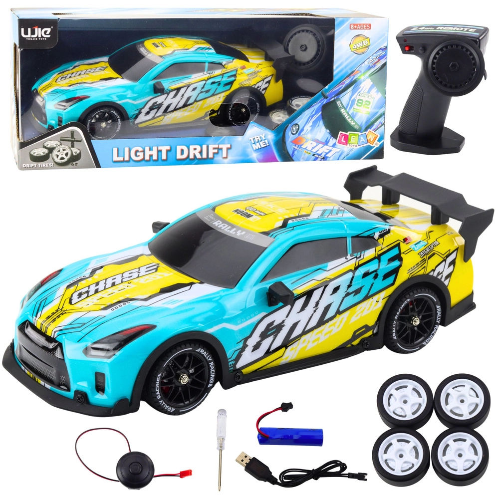 RC športové auto s podsvietenou karosériou a driftovacími kolesami – tyrkysové