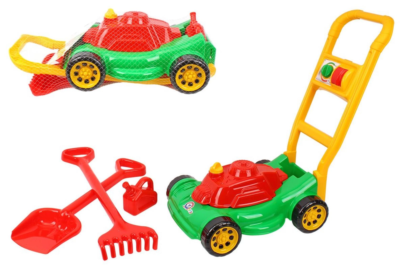 detská plastová kosačka na trávu s doplnkami v sieťke