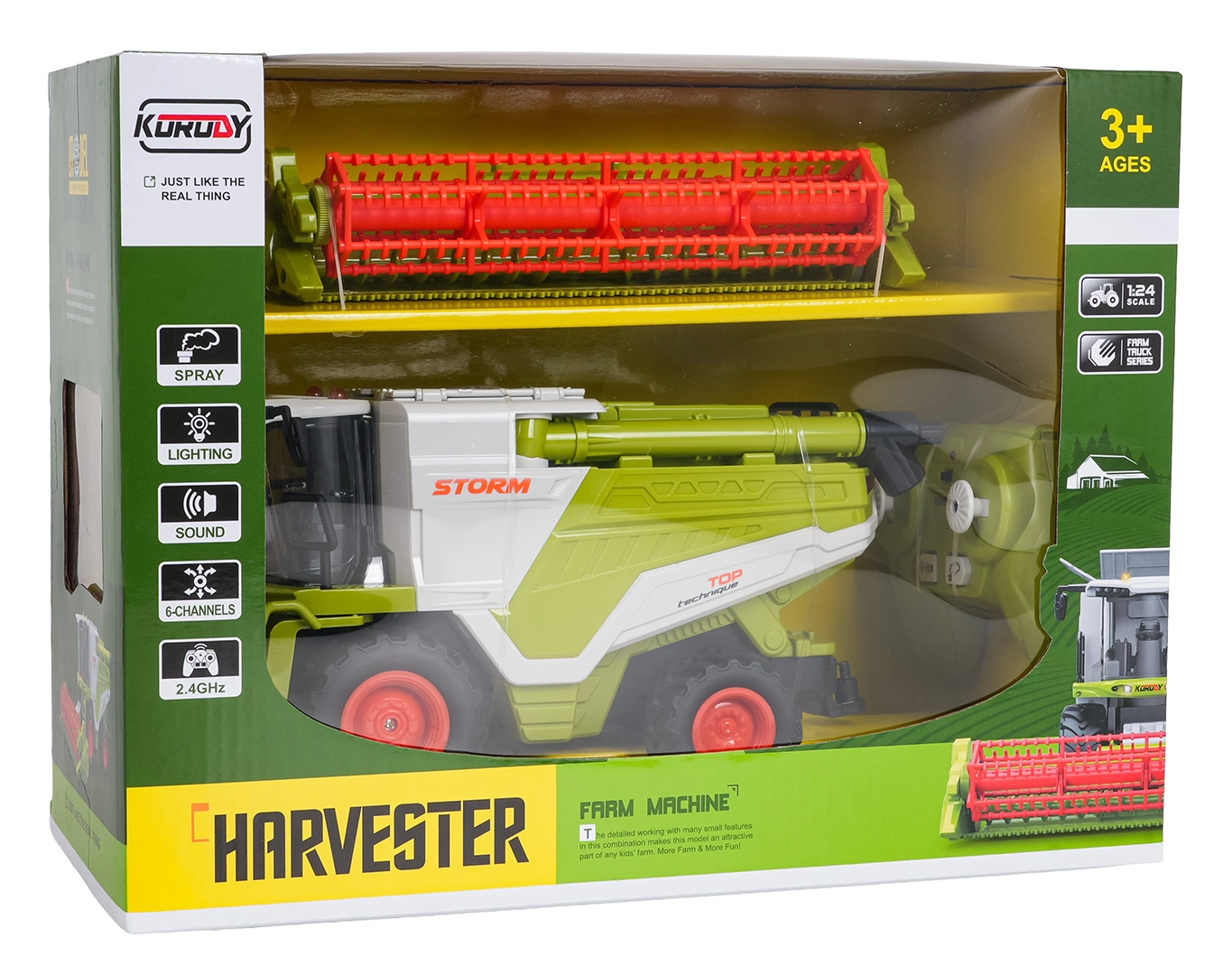 Detský RC kombajn 1:24 zelený s dymovým efektom