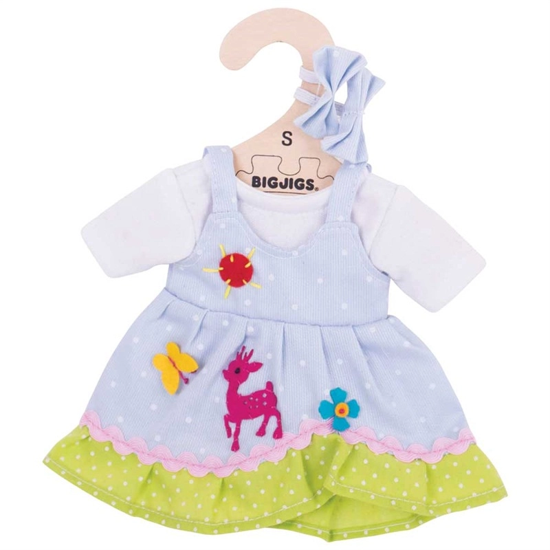 E-shop Bigjigs Toys Bodkované šaty s jeleňom pre bábiku 28 cm Modré