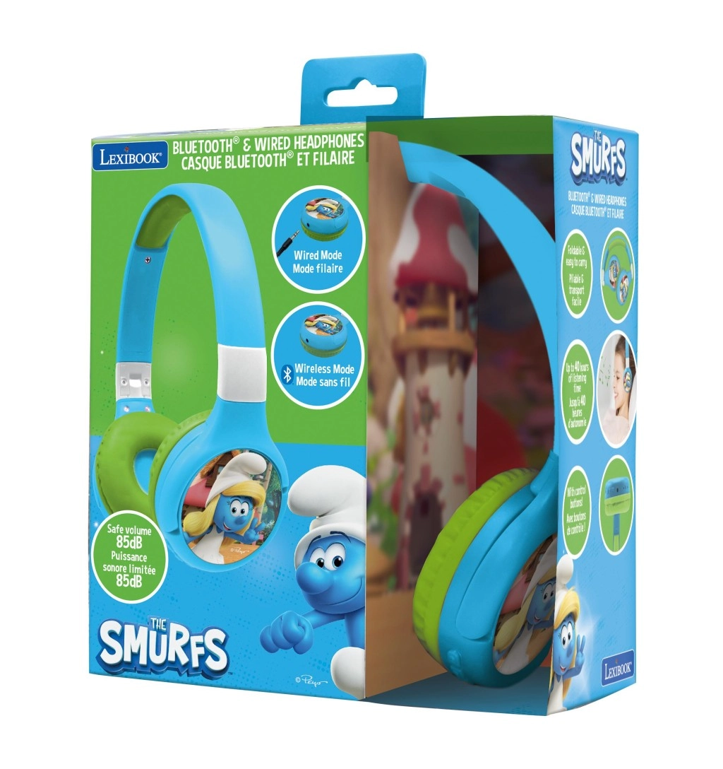 Detské skladacie bluetooth slúchadlá s obmedzením hlasitosti Šmolkovia 2v1