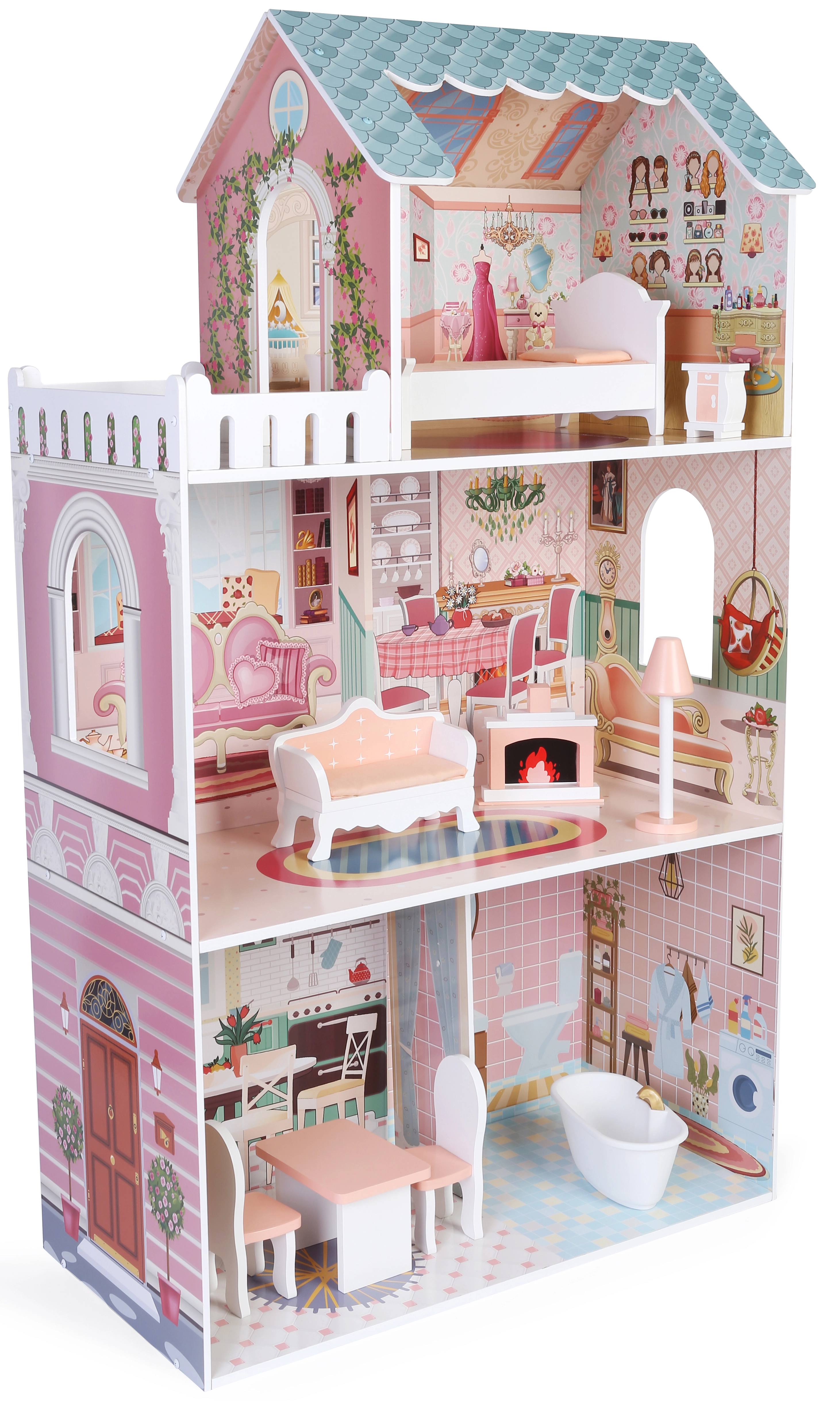 Sparkys Drevený domček pre bábiky Leia s 10 doplnkami