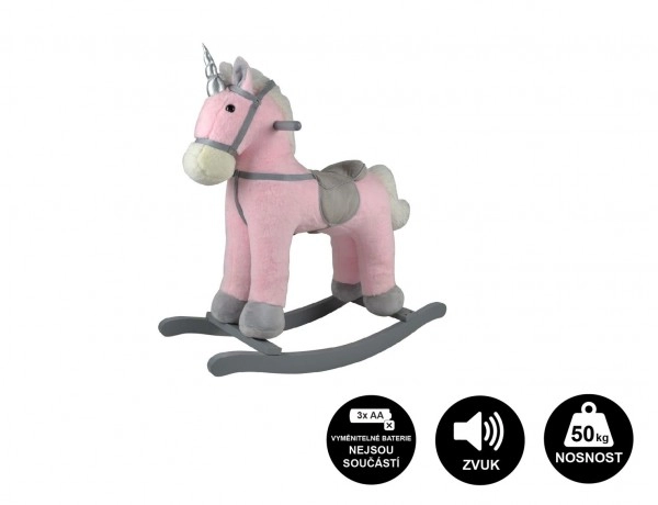 E-shop Teddies kůň houpací růžový jednorožec plyš na bat. 71cm se zvukem a pohybem
