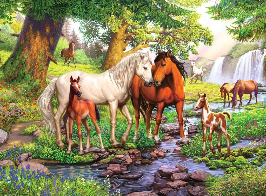 Ravensburger puzzle Kone pri rieke XXL 300 dielikov