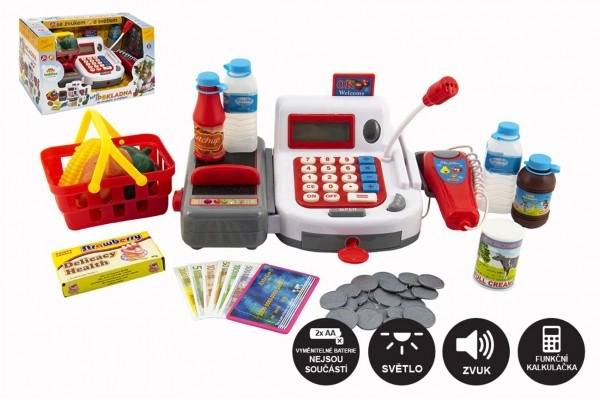 E-shop Teddies Pokladna s doplňky plast 20cm na baterie v krabici