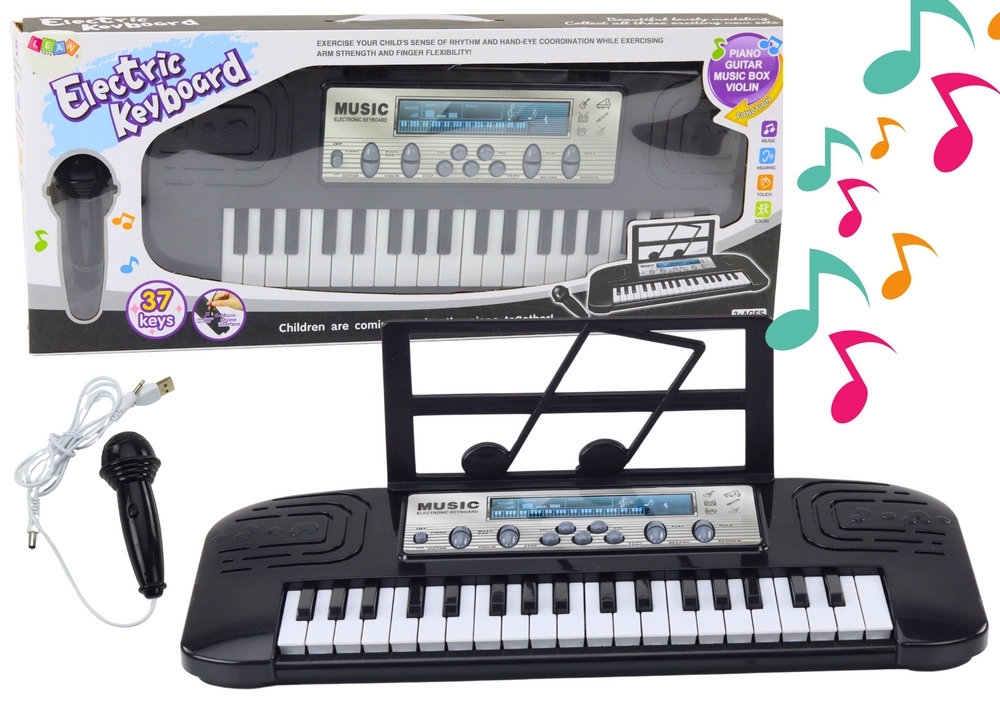 Detské elektrické piano čierne s mikrofónom a stojanom