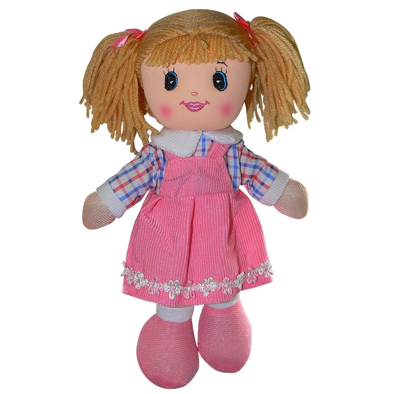 E-shop Látková bábika 30 cm v tmavoružových šatôčkach s modrými rukávmi