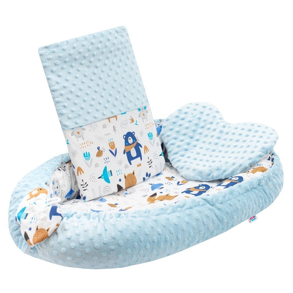 E-shop Luxusné hniezdočko s vankúšikom a perinkou z Minky, modré – New Baby