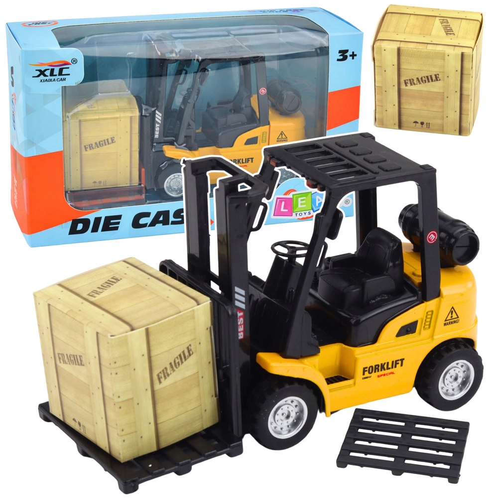 Kovový vysokozdvižný vozík s natahovacím pohonom, paleta a debna – žltý