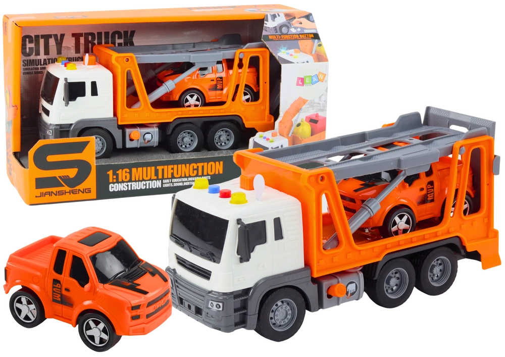 E-shop Multifunkčné svetlá a zvuky Nákladné auto 1:16 Oranžové Autocar
