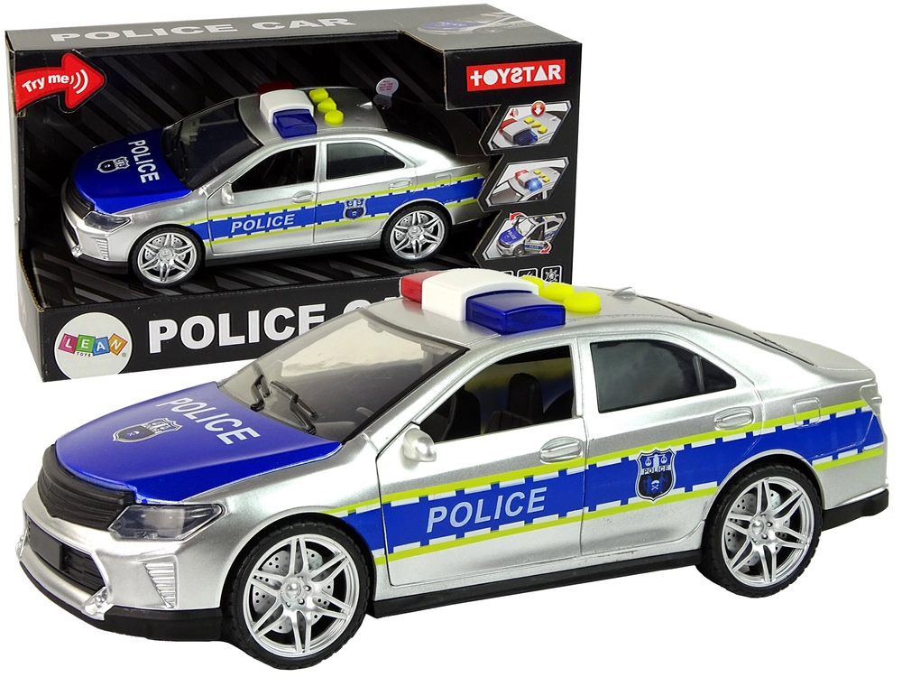 E-shop LEAN Toys Policajné autoTrecí pohon znie svetlo strieborne 1:14