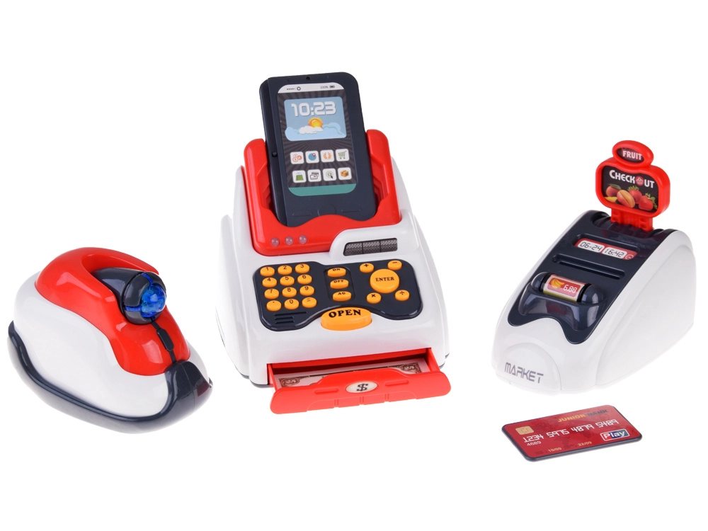 E-shop JOKO Mini Obchod Market s pokladňou na batérie čitačkou kariet skenerom + nákupný košík s potravinami