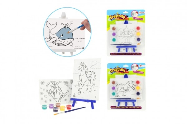 Teddies Mini plátno 2ks se stojánkem 16x8cm 6 druhů se štětcem a 6 barvami
