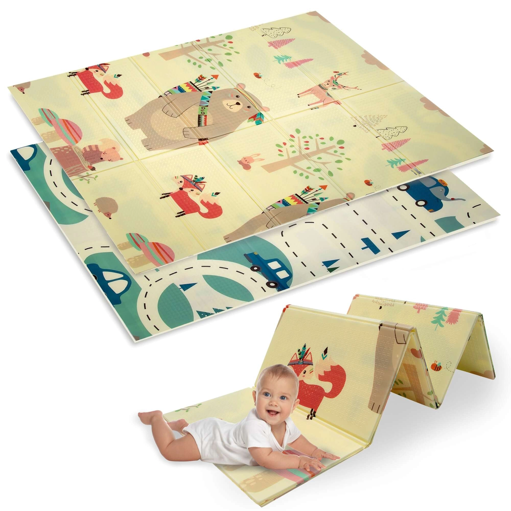 E-shop Dvojvrstvová skladacia penová podložka XPE 120 × 180 cm s motívom zvieratiek a ciest HUMBI