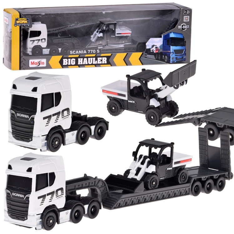 Maisto kovový set SCANIA 770S s nízkoložným návesom a nakladačom 1:64