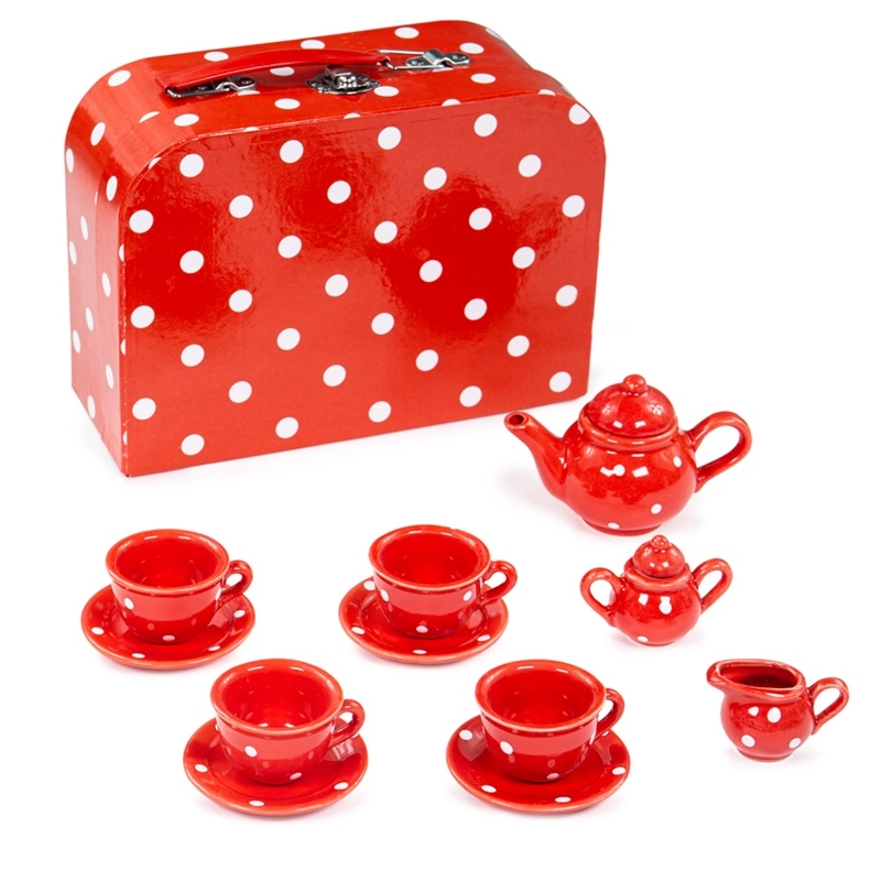 Bigjigs Toys bodkovaný porcelánový čajový set červený