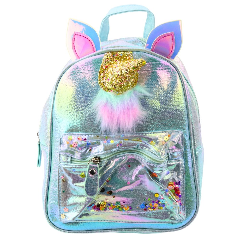 Detský batoh s jednorožcom a pohyblivými konfetami modrý 25 cm 4,5L