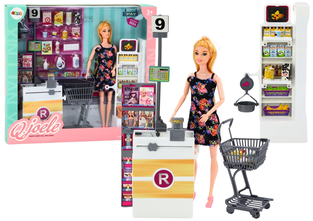 E-shop LEAN Toys Sada bábik v regáloch supermarketu Nákupný vozík Potraviny