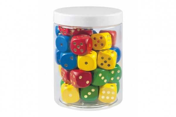 Hracie kocky farebné drevo spoločenská hra 25mm 34 ks v plastovej dóze 10x14cm 12m +