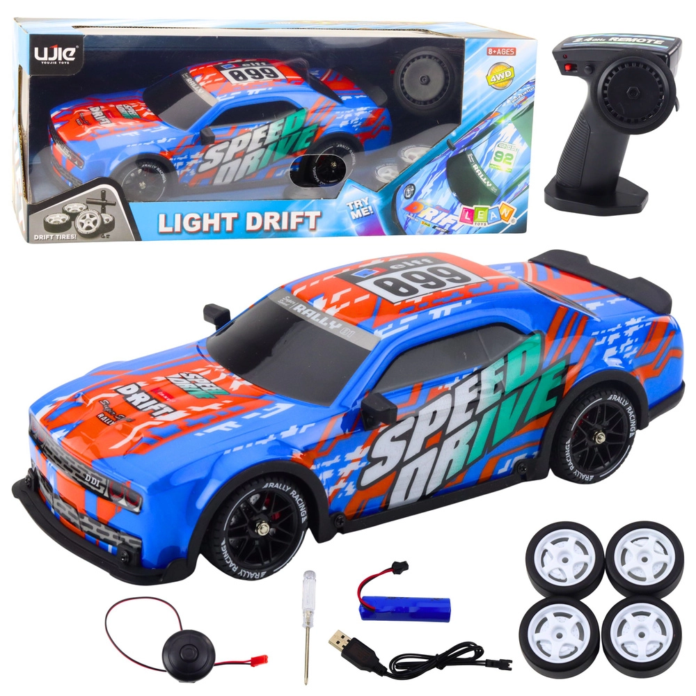 RC športové auto s podsvietenou karosériou a driftovacími kolesami – modré