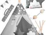 Detské teepee NUKIDO so svetielkami a girlandou – sivé s hviezdičkami