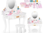 Detský drevený toaletný stolík veľký so zrkadlom pre dievčatá ružové doplnky ECOTOYS