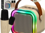 Karaoke set s bluetooth reproduktorom, 2 mikrofóny a LED podsvietením 6 W – béžový