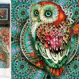 Diamantové maľovanie 7D – sova na modrej mandale 30 × 30 cm