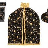 Detský čarodejnícky klobúk a plášť čierno‑zlatý, priemer 38 cm