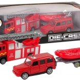 Súprava hasičských vozidiel s nafukovacím člnom