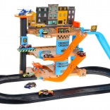 Štvorposchodová parkovacia veža s výťahom pre deti 3+ Autíčka a helikoptéra so šmykľavkou