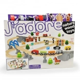 Drevená vláčkodráha s mostom a doplnkami