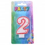 Párty sviečka číslo 2 na tortu – biela s červeným okrajom a bodkami