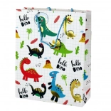 Papierová darčeková taška s dinosaurami, biela kocka, 32 × 26 × 10 cm