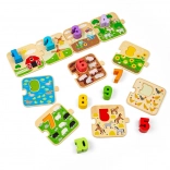 BIGJIGS TOYS drevené puzzle s obrázkami a číslami 1–10 (život na farme)