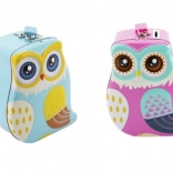 Plechová pokladnička v tvare sovy so zámkom, 16 cm, 2 farby