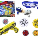 Sada pištoľových vystreľovačov so 4 kovovými kotúčmi so svetlami – modrá a žltá