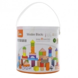 Drevené stavebné kocky v vedierku – 50 dielikov