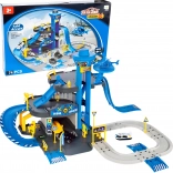 Policajná garáž so stanicou, 3 poschodia s výťahom, autá a vrtuľník, 74 dielov