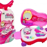 Toaletný stolík v kufríku v tvare huslí s kolieskami a zrkadlom