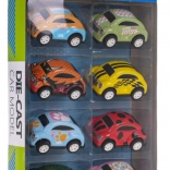 Sada 8 kovových autíčok s pohonom a gumovými pneumatikami