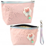 Práškovoružová peračníková kozmetická taštička s mašľou a trblietaním