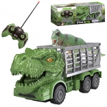 RC dinosauří nákladné auto so zeleným T‑rexom a figúrkou WOOPIE