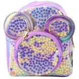 Detský batoh s flitrami a myšími ušami fialový 22 cm 3L