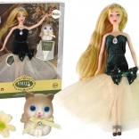 Bábika Emily s dlhými vlasmi, mačiatkom a kvetinovou ozdobou