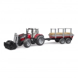 BRUDER traktor MASSEY FERGUSON 7480 s čelným nakladačom a prepravníkom na klády