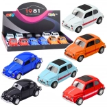 Kovové klasické zberateľské autíčko s pohonom, otváracími dverami 1:36