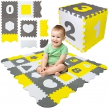 Humbi veľká vzdelávacia penová podložka 3v1 s ohrádkou XXL, puzzle 30 × 30 cm – čísla a tvary, sivá/biela/žltá