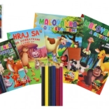 Omaľovánky a aktivity Zvieratká 4 ks + pastelky CZ/SK v sáčku 21 × 29 cm