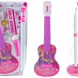 Ružová detská elektrická gitara so stojanom a mikrofónom na batérie